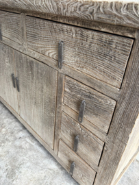 Prachtig groot lang oud vergrijsd houten dressoir televisie kast tv meubel 264 cm lang landelijk sober werkbank Sidetable keukenblok wandkast 149