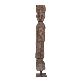 Oud hoog vergrijsd houten beeld pop man op voet landelijk stoer sober 90 cm