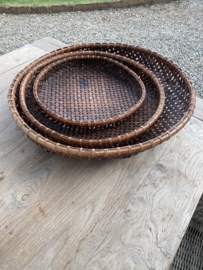 Prachtige grote set van 3 rotan rieten manden wanddecoratie wandschilderingen wandpaneel wandbord schalen mand schaal vintage landelijk oosters boho 60-50-40 cm