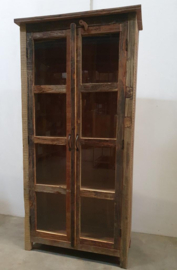 Old wood oud truckwood railway houten kast glaskast vitrinekastje vitrine servieskast landelijk stoer industrieel vintage 180 x 90 x 35 cm