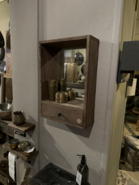 Oud truckwood houten wandkastje met spiegel met lade wandplank landelijk industrieel vintage SEP