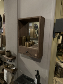 Oud truckwood houten wandkastje met spiegel met lade wandplank landelijk industrieel vintage