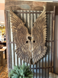 Gaaf groot houten Wandpaneel wanddecoratie vleugels wings vergrijsd beige H135  x B80 cm stoer landelijk vintage