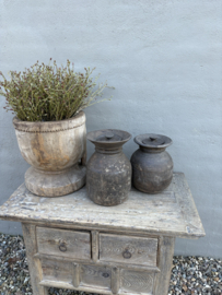 Orgineel oude vergrijsd houten vijzel pot Vijzelpot vaas bak urn kan landelijk stoer