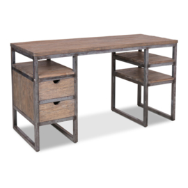 Stoer vergrijsd houten buro bureau tafel werktafel schrijftafel 141 x 77 cm  ladeblok sidetable landelijk industrieel metalen frame grijs