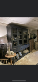 Mooie grote hoge kast met glas servieskast 200 x  H220  x 50 cm vitrinekast keukenkast zwart hout landelijk stoer industrieel