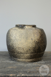 Mooie oude stenen geglazuurde kruik pot vaas H32 x 36 cm origineel oude zoutpot