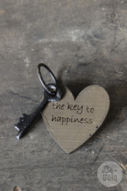 Decoratie sleutel sleutelbos met oud vergrijsd houten hanger tekst the key to Happiness landelijk stoer kado