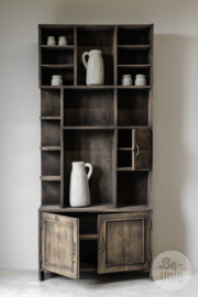 Unieke oude vergrijsd houten kast keukenkast servieskast art deco stijl winkelkast potten landelijk stoer 204 x 92 x 30 cm verzameling vitrine vakken