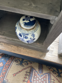 Oud stenen pot met deksel rond blauw wit