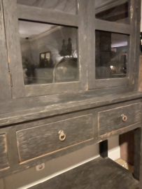 Mooie grote hoge kast met glas servieskast 200 x  H220  x 50 cm vitrinekast keukenkast zwart hout landelijk stoer industrieel