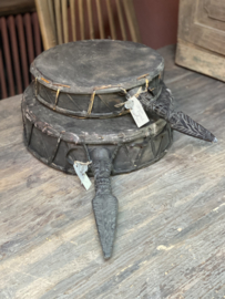 Oude leren huid trom trommel drum uit Nepal Hoffz klein zwart decoratie vintage landelijk stoer