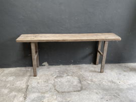 Oude robuuste landelijke vergrijsd houten sidetable wastafel meubel werkbank 190 x 35 x H79,5 cm landelijk stoer robuust grof hout