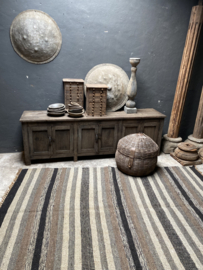 Prachtig uniek sober grijs beige zwart bruin gestreept carpet kleed vloerkleed tapijt 240 x 150 cm stoer landelijk vintage wandkleed