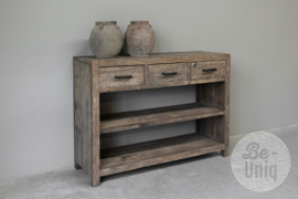 Stoer oud vergrijsd houten sidetable tafel bassano ladekast 120 x 40 x H90 cm wastafel wastafelmeubel keukenblok kookeiland grove nerf dressoir sidetable werkbank bureau landelijk stoer robuust vergrijsd hout kookeiland keukeneiland wandmeubel 3 lades SEP