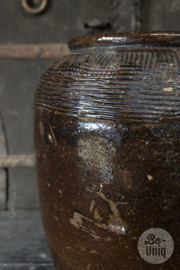 Mooie oude stenen geglazuurde kruik pot vaas H36 x 32 cm