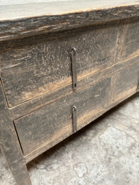 Stoere oude landelijke ladekast vergrijsd doorleefd houten Sidetable grijs zwart wandtafel 152 cm