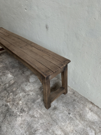 Hele gave oude lange vergrijsd houten bank 155 cm landelijk stoer eetkamertafel bank sidetable
