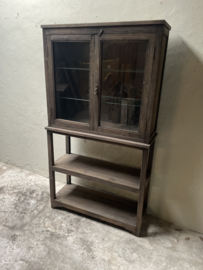 Oude hoge houten kast vitrinekast keukenkast glaskast servies landelijk 168 x 93 x 32 cm
