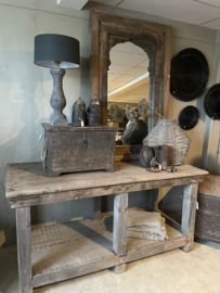 Authentieke oude vergrijsd houten fabriekstafel Sidetable kookeiland atelier winkelkast 188 x 90 x H92 cm kookeiland werkbank keukeneiland keukenblok werktafel atelier stamtafel sta-tafel hangtafel bar bartafel winkel tafel landelijk stoer industrieel