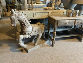 Prachtig uniek groot antiek oud vergrijsd houten beeld paard horse pferd 98 x 90 cm  horse landelijk