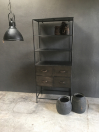 Industriële mat zwart grijze metalen kast 180 x 78 x 43 cm pomax landelijk stoer antraciet lades ladekast schap rek metaal grijs