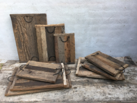Oud houten dienblad S tray railway wagondelen hout met hengsels landelijk