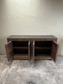 Groot uniek oud vergrijsd houten dressoir 4 deurs wandtafel sidetable deurtjes landelijk stoer vintage industrieel 190 x 45 x H101 cm