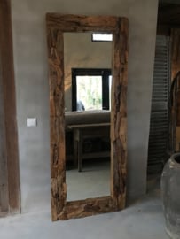 Grof teakhouten spiegel landelijk robuust stoer  200 x 100 cm driftwood drijfhout teakhout wortel