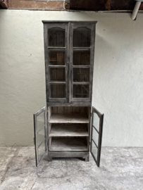 Oud naturel vergrijsd houten hoge kast vitrinekast keukenkast servies winkelkast wandkast wandmeubel landelijk vintage H235 x B78 x D43 cm