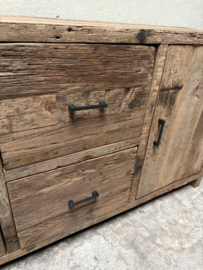 Oud railway houten dressoir tv meubel kast televisie televisiekast televisiemeubel vol massief hout landelijk industrieel robuust oud hout vintage sidetable 160 x 85 x 40cm nr 98