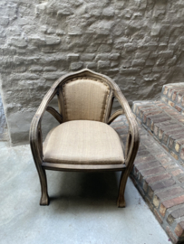 Prachtige oude vergrijsd houten stoel stoelen met jute stoffen zitting armleuning fauteuil landelijk sober shabby chique