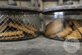 Glazen koektrommel snoeptrommel schaal glas met ruit met houten deksel landelijk stoer vergrijsd grijs hout craquelé