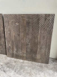 Gaaf groot oud vergrijsd vierkant houten wandpaneel 102 x 102 cm Mandela cirkel rond ronde cirkels  wanddecoratie landelijk stoer vintage