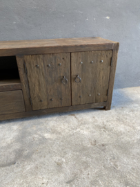 Oud railway houten dressoir tv meubel kast televisie televisiekast televisiemeubel vol massief hout landelijk industrieel robuust oud hout vintage sidetable 200 x 40 x H60 cm