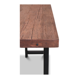 Vergrijsd houten hoge bartafel eettafel staantafel statafel bassano buro bureau werktafel landelijk stoer industrieel met metalen poten onderstel 175 x 60 x H108