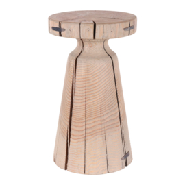 Stoere houten kruk rond met metalen krammen details landelijk stoer vintage Ibiza