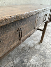 Hele mooie landelijke vergrijsd houten sidetable 148 x 40 x H80 cm wandmeubel wandtafel ladekast met 2 grote lades en metalen beslag