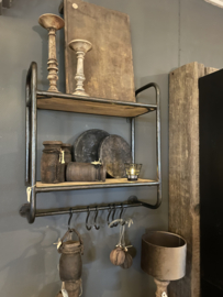 Metalen wandrek keukenrek wandkapstok kapstok rek rekje schap 55 x 24 x H58 cm met houten planken en haakjes landelijk industrieel
