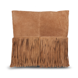 Kussen buffalo leer donker bruin franjes 40 x 40  cm inclusief vulling