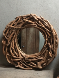 Grote ronde teakhouten spiegel stronk driftwood stronkjes drijfhout rond hout landelijk 75 cm