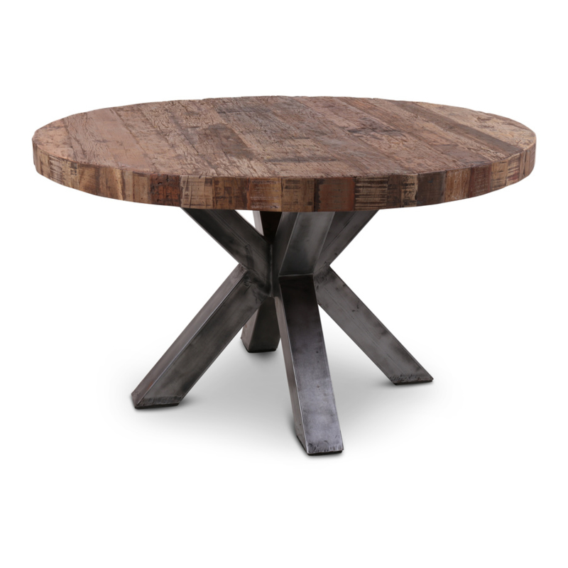 Prachtige grote houten ronde tafel rondetafel teakhouten teakhout houten blad 160cm ijzeren onderstel landelijk stoer industrieel bassano