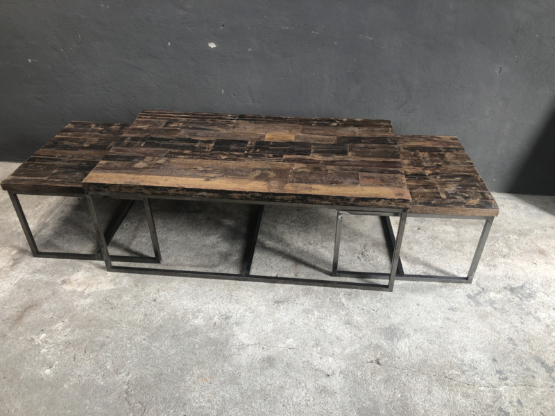Set van 3 tafels tafeltjes salontafel bijzettafel railway truckwood metalen onderstel frame 123 X 71 x 48 cm
