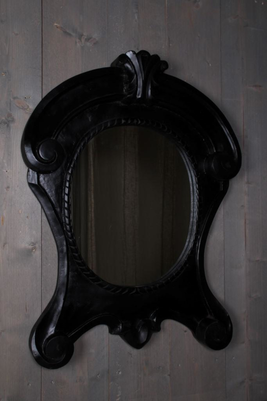 Prachtige grote Houten spiegel osseoogspiegel osseoog ossenoog oeil de boeuf landelijk zwart black hout