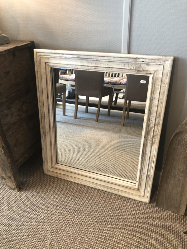 Witte houten spiegel doorgescheurd sleets landelijk Ibiza boho style 82 x 72 cm