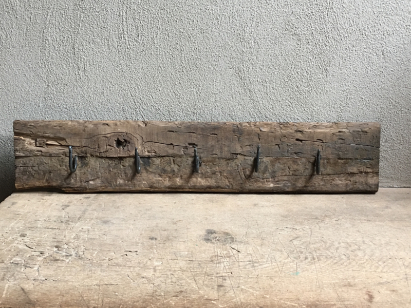 Railway houten kapstok oud hout stoer landelijk plank grof nerf 100 cm 1 meter wandhaken wandkapstok industrieel
