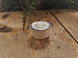 White enamel pan & lid with blue edge