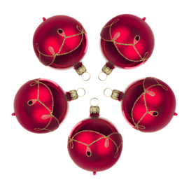 Thüringer kerstbal kogel 6cm rood/mat druppelmotief (set 5)