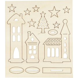 DIY houten (triplex) figuren kerk, huizen, Kerstboom en sterren 57887
