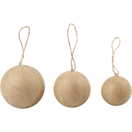 Kerstballen van papier-mâché assorti met jute ophanglus 3 stuks Ø 4, 5 en 6 cm